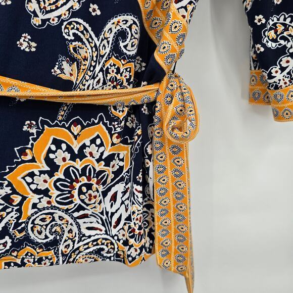 JM Collection Women's Plus Floral V Neck Waist Tie Detail‎ Blouse Blue Yellow 2X - Picture 6 of 12